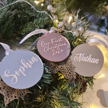 Load image into Gallery viewer, Mirror Finish personalised Christmas ornaments.